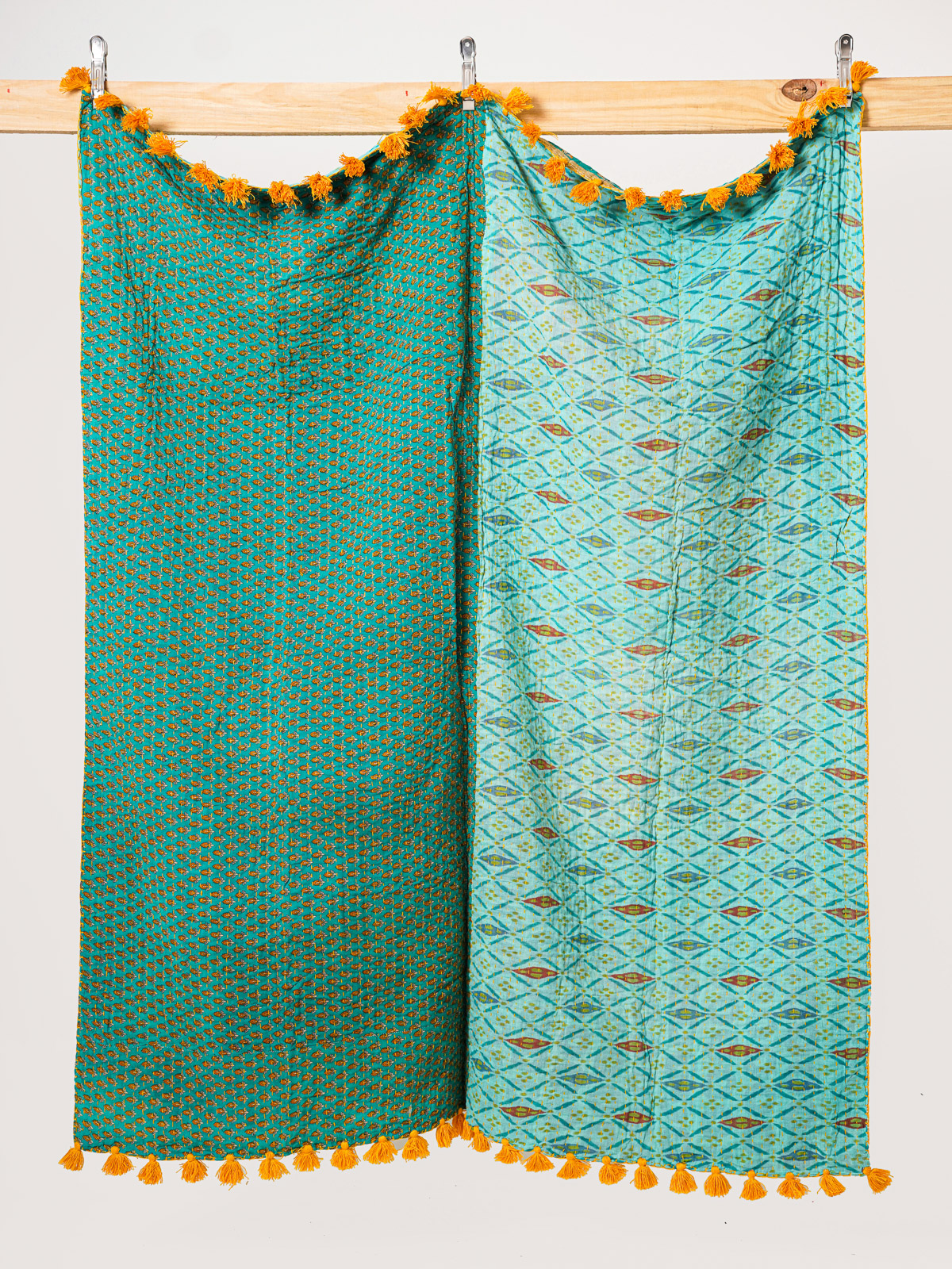 Aqua Courtyard Vintage Sari Kantha Throw